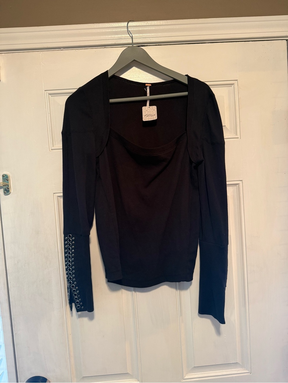 Free People Black Square-Neck Long Sleeve Top with Grommet Cuffs
